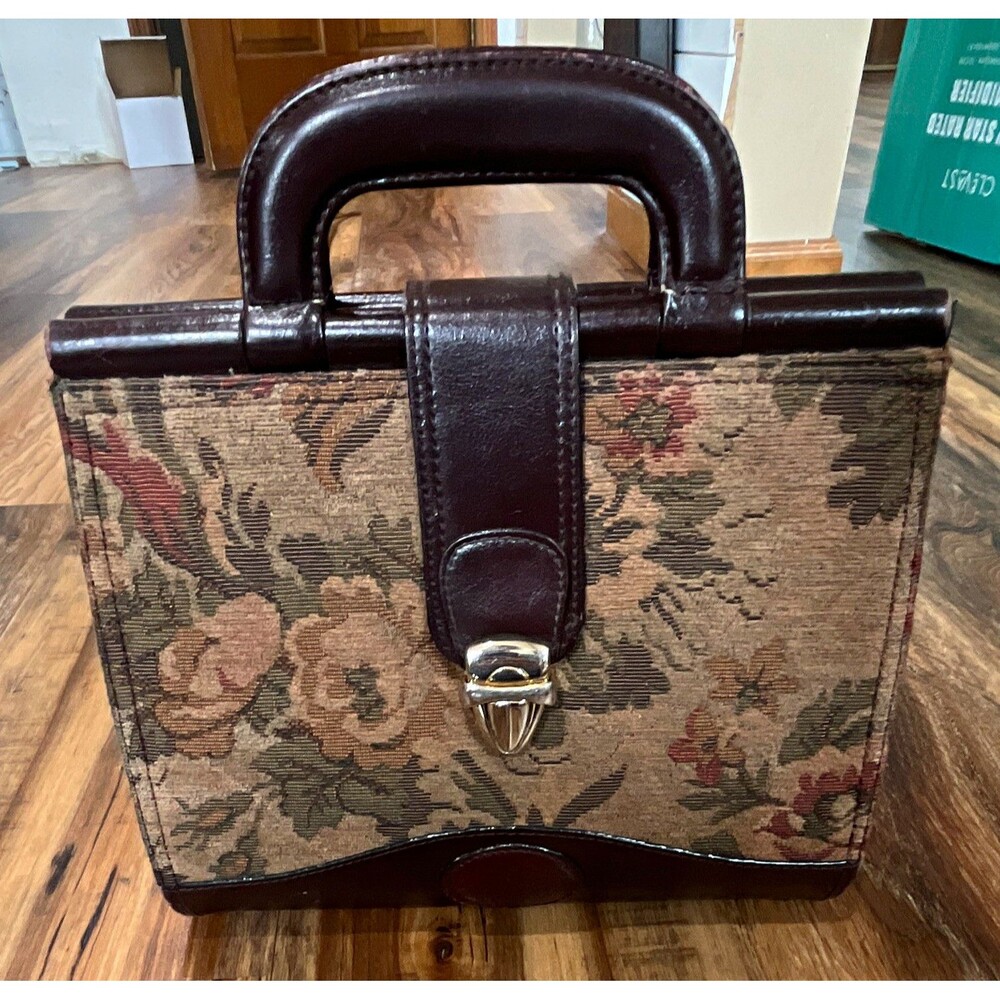 Gold Coast Floral Tapestry Handbag Brown Faux Leather Trim Top Handle